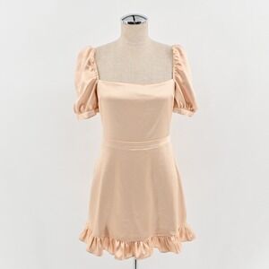 Privacy Please Jules Satin Mini Dress Womens Sz S Square Neck Puff Sleeve Ruffle